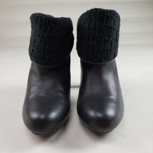 Ugg Dandylion Leather Ankle Boot Womens 10 Black Heeled Knit Cuff Pull On Bootie - Picture 4 of 16